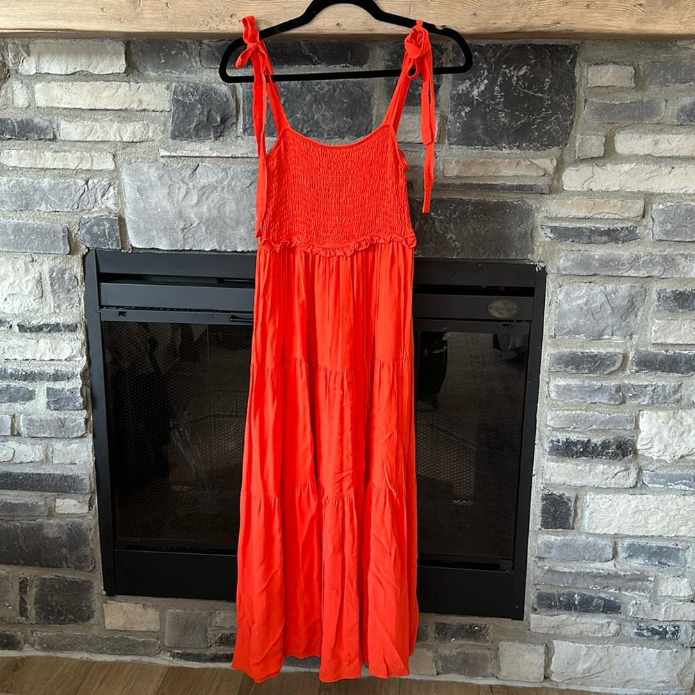 Bright red/orange Zara tiered smocked dresses great condition. Adjustable straps